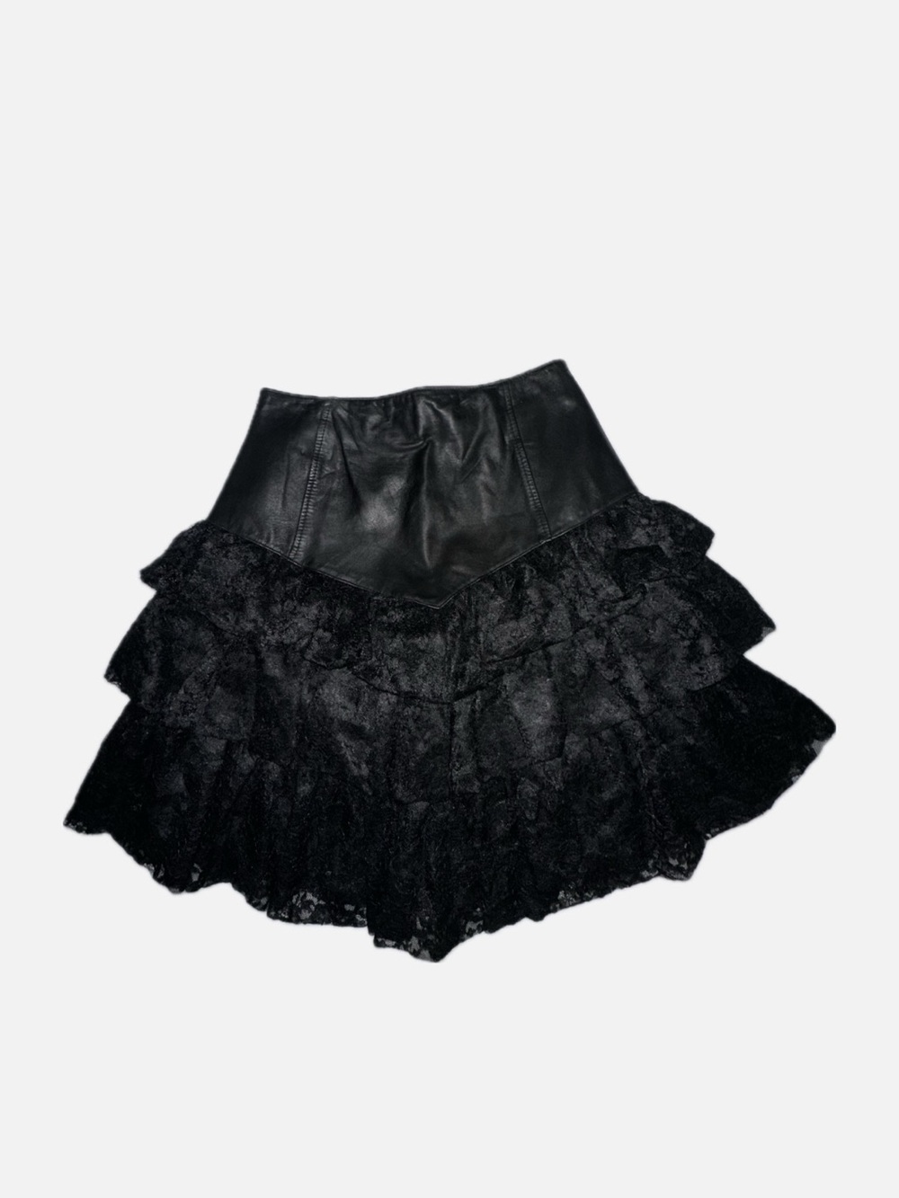 Black Lace Tiered Mini Skirt with Faux Leather Waistband